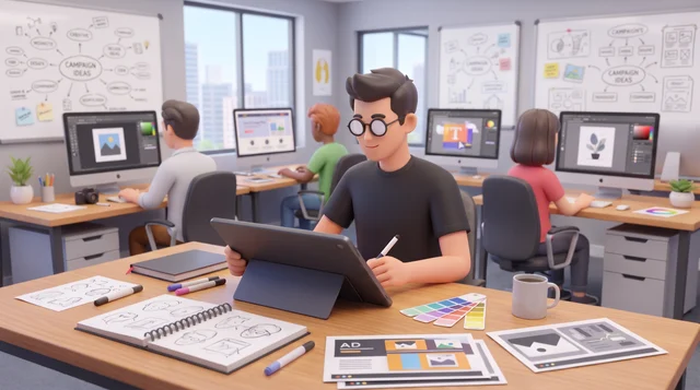 Aurelio trabajando con una tableta en un estudio de diseño compartido.