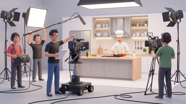 Un equipo de producción filmando en un plató de cocina.