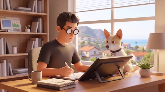 Aurelio dibujando junto a su perro en un estudio iluminado por una ventana.