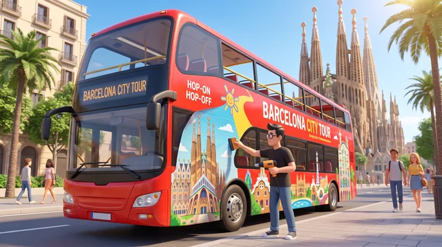 Un autobús turístico rojo frente a la Sagrada Familia en Barcelona.
