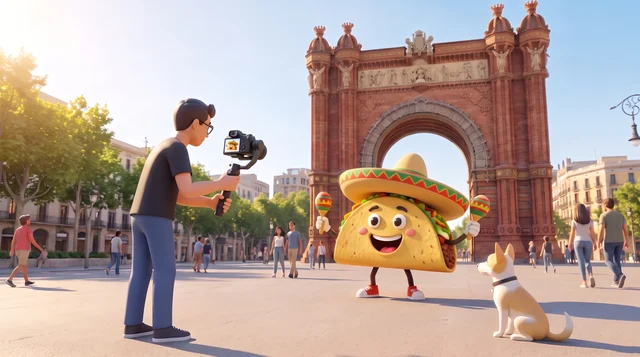 Aurelio filmando una mascota frente al Arco de Triunfo, junto a su perro.