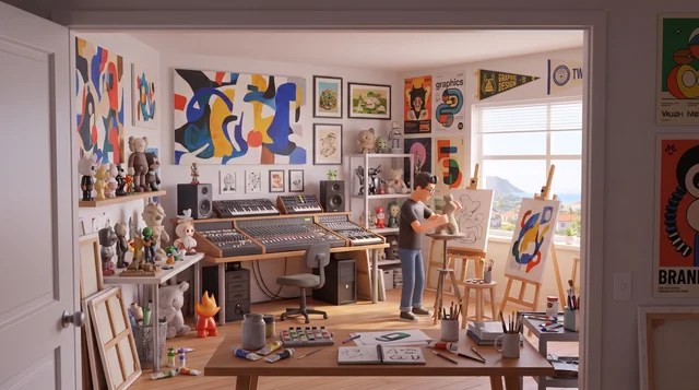 Un taller de ilustración, modelado e impresión 3D con instrumentos y equipo musical.