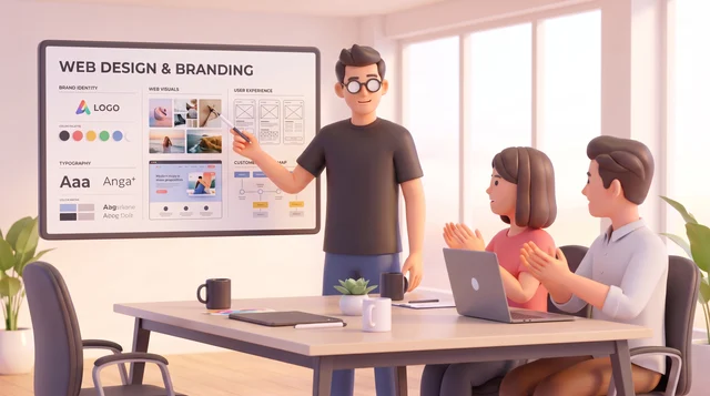 Aurelio presentando un proyecto de diseño web y marca a un equipo.